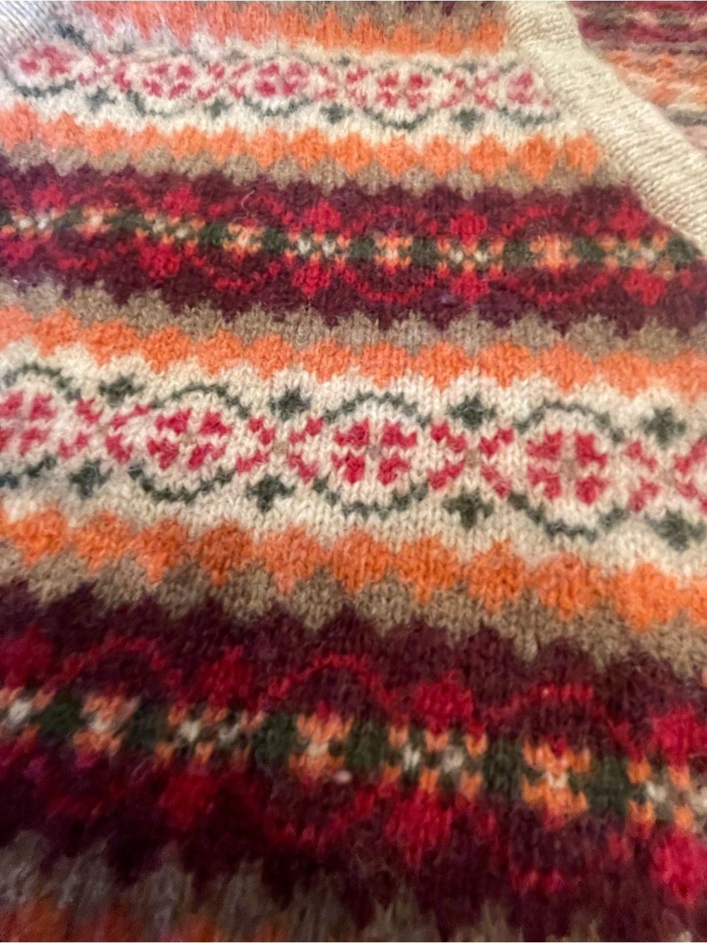 Eddie Bauer Fair Isle Lambswool Crewneck Sweater in Red, Orange & Green - Picture 3 of 4
